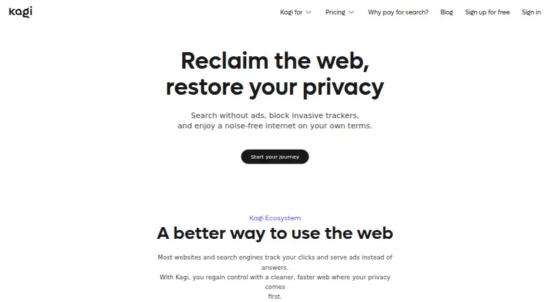 The Kagi Search homepage