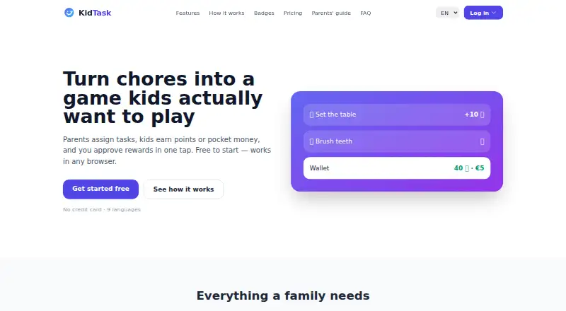 The KidTask homepage