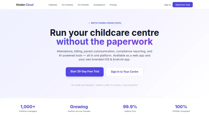 The KinderCloud homepage