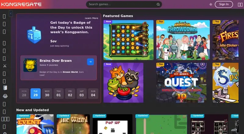 The Kongregate homepage