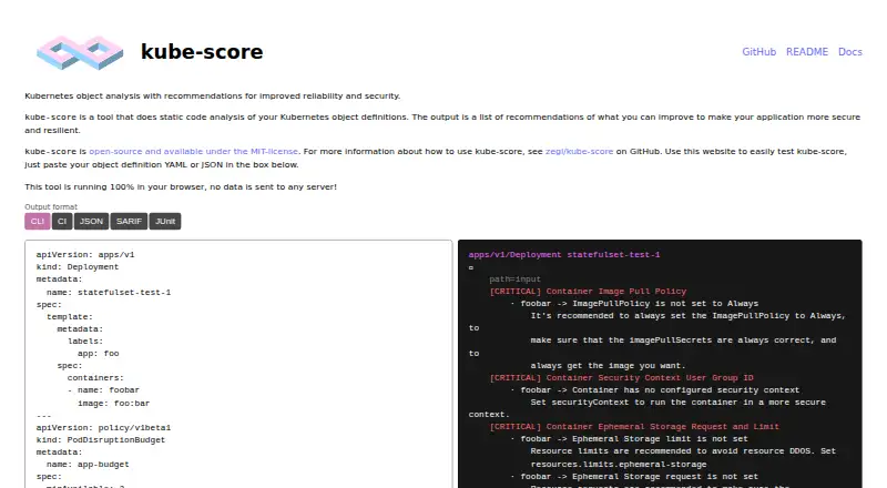 The kube-score homepage