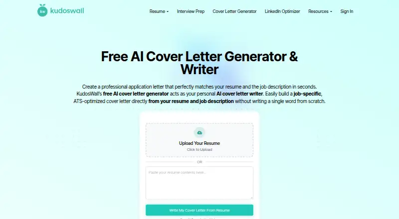 The KudosWall AI Cover Letter Generator homepage