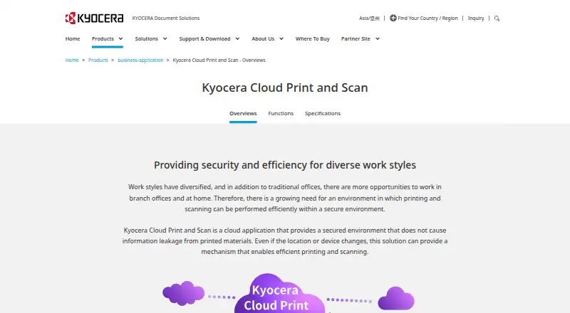 The Kyocera Cloud Print and Scan homepage