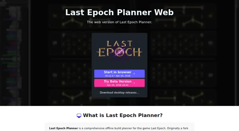 The Last Epoch Planner homepage