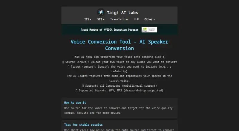The Taigi AI Voice Conversion homepage