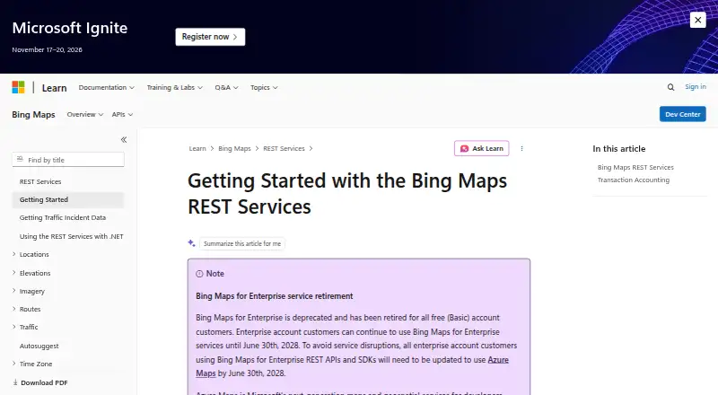 The Bing Maps API homepage