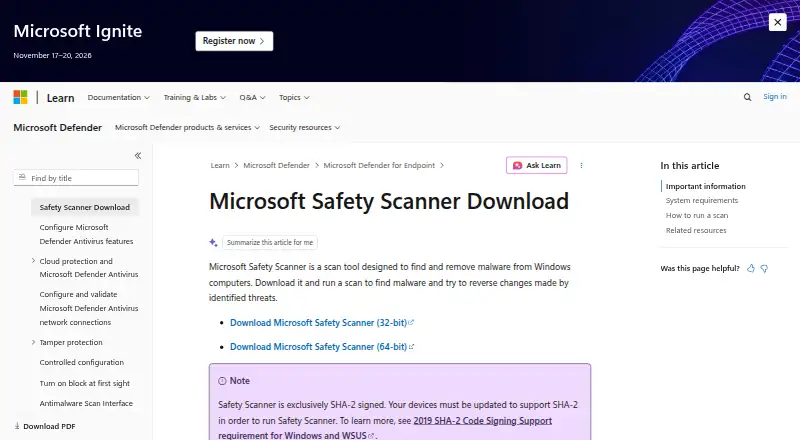 The Microsoft Safety Scanner homepage