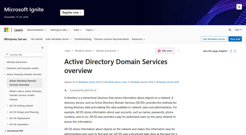 The Microsoft Active Directory homepage