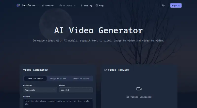 The LensGo AI homepage