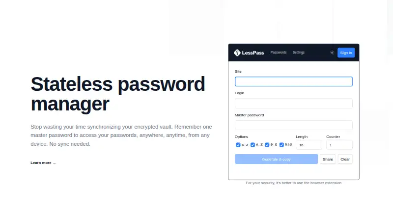 The LessPass homepage