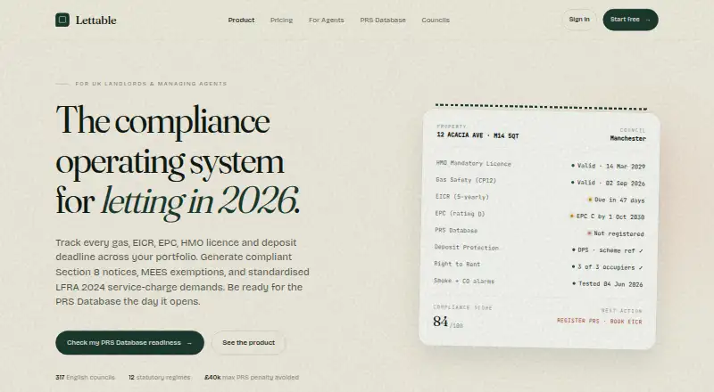 The Lettable homepage