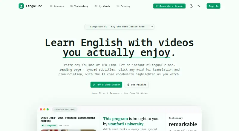 The LingoTube homepage