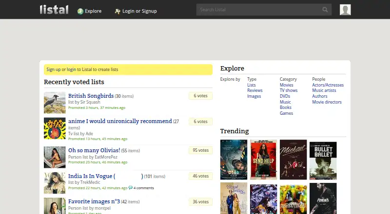 The Listal homepage