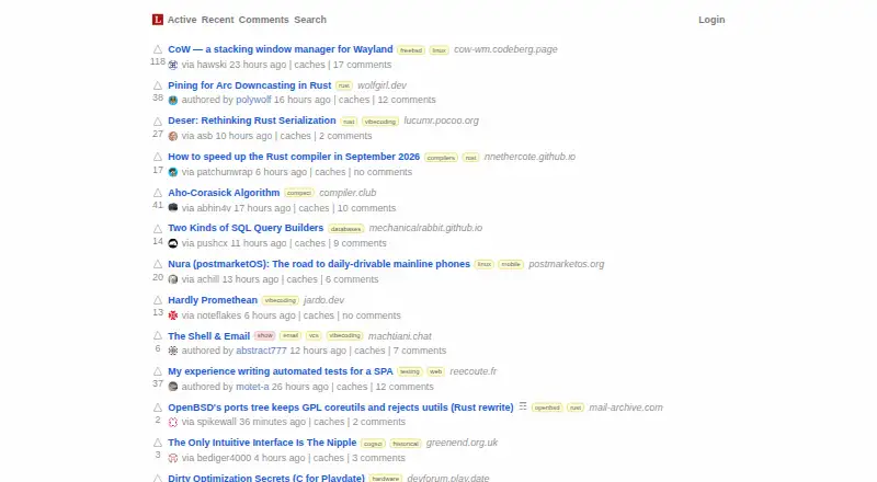 The Lobsters homepage