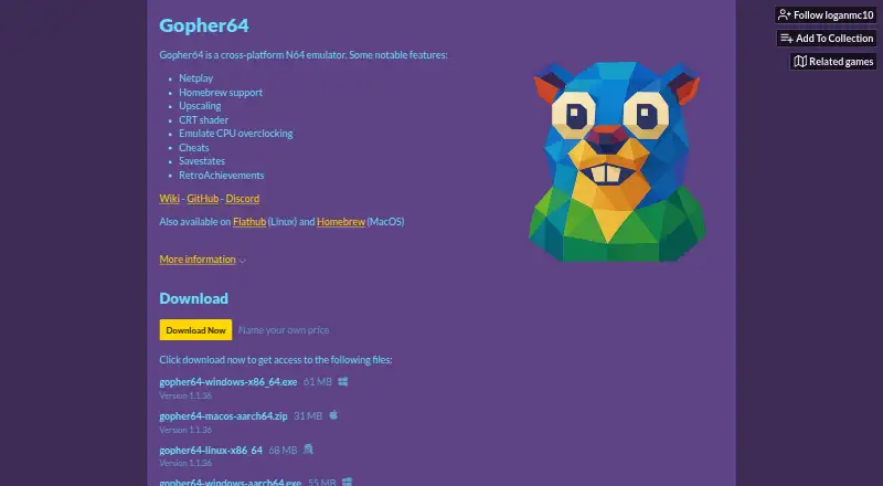 The Gopher64 homepage