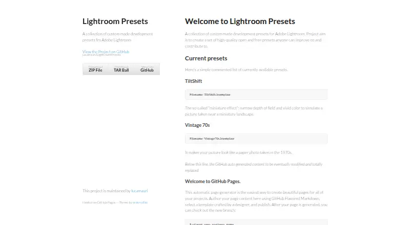 The LightroomPresets by lucamauri homepage