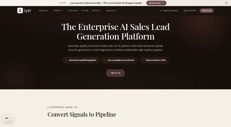 The Lyzr AI Sales Lead Generation homepage