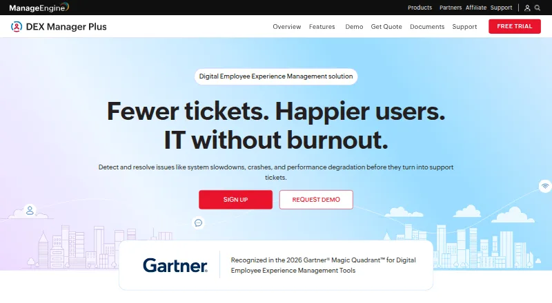 The ManageEngine DEX Manager Plus homepage