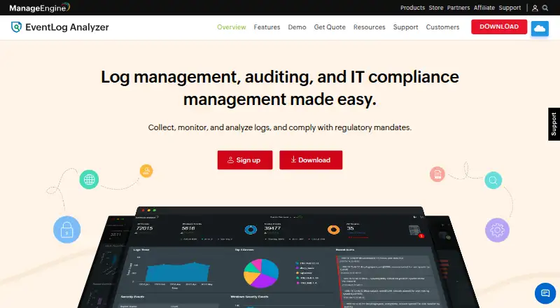 The ManageEngine EventLog Analyzer homepage