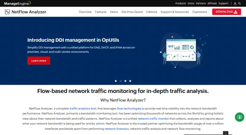 The ManageEngine NetFlow Analyzer homepage