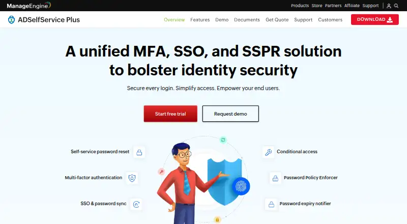 The ManageEngine ADSelfService Plus homepage