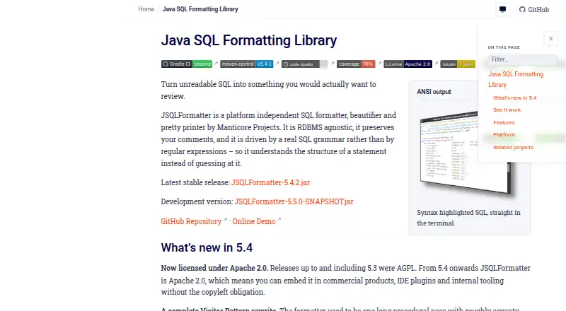 The JSQLFormatter homepage