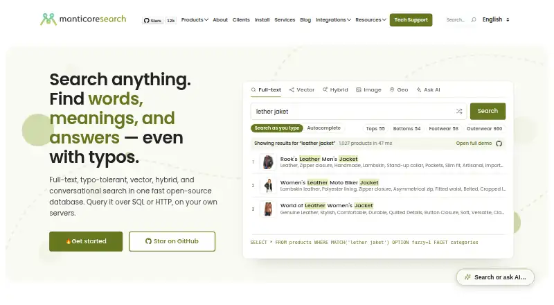 The Manticore Search homepage