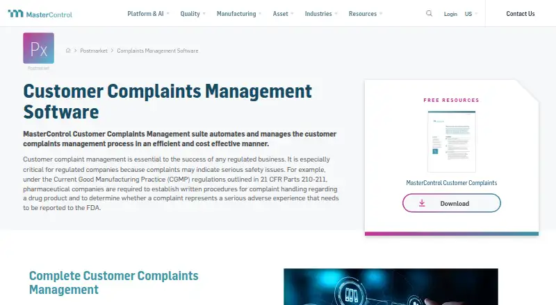 The MasterControl Customer Complaints homepage