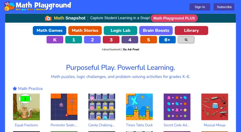 The Math Playground homepage