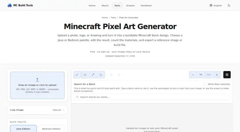 The MC Build Tools Pixel Art Generator homepage