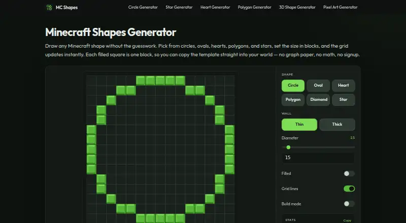 The Minecraft Shapes Generator homepage