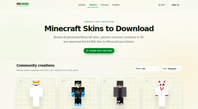 The MCSKIN Gallery homepage