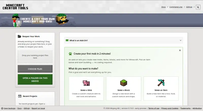 The Minecraft Creator Tools homepage