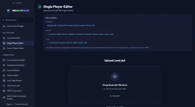 The MCWorldTools Single Player Editor homepage
