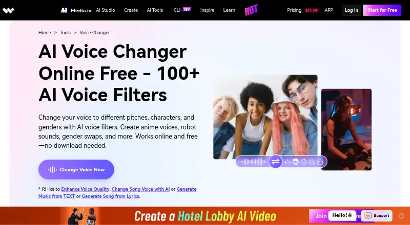 The Media.io AI Voice Changer homepage
