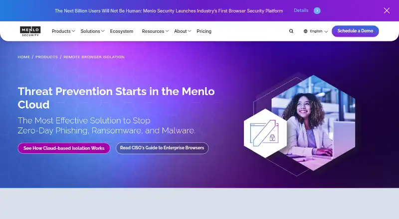 The Menlo Security Secure Cloud Browser homepage