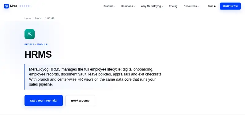 The MeraUdyog HRMS homepage