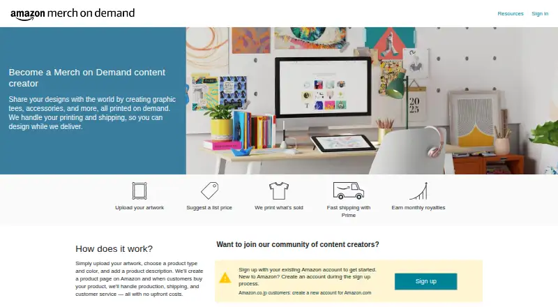 The Amazon Merch on Demand homepage