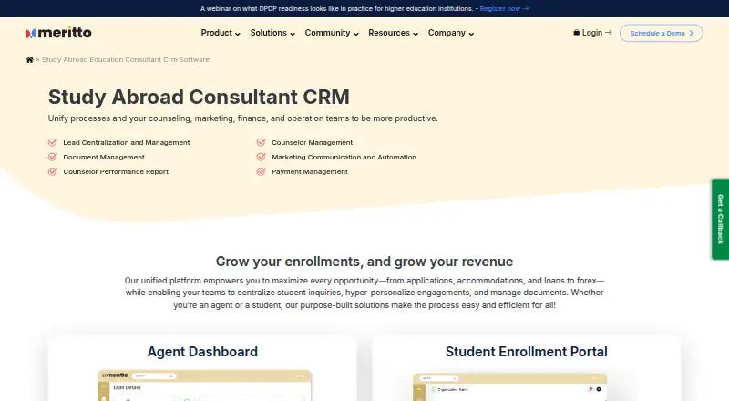 The Meritto Study Abroad CRM homepage