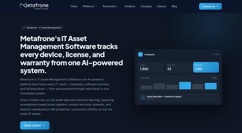 The Metafrone IT Asset Management Software homepage