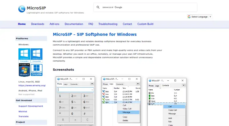 The MicroSIP homepage