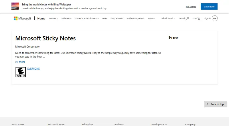 The Microsoft Sticky Notes homepage