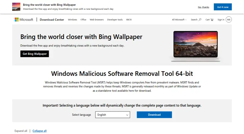 The Windows Malicious Software Removal Tool homepage