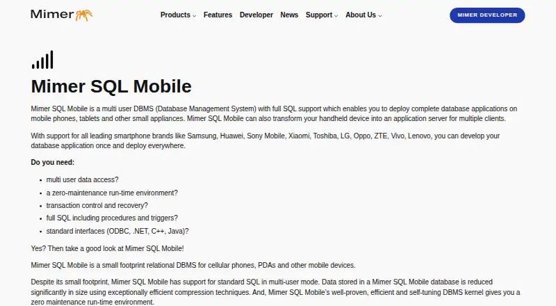 The Mimer SQL Mobile homepage