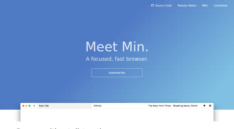 The Min Browser homepage