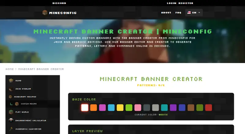 The MineConfig Banner Creator homepage