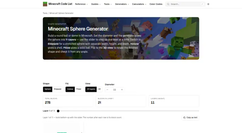 The Minecraft Sphere Generator homepage