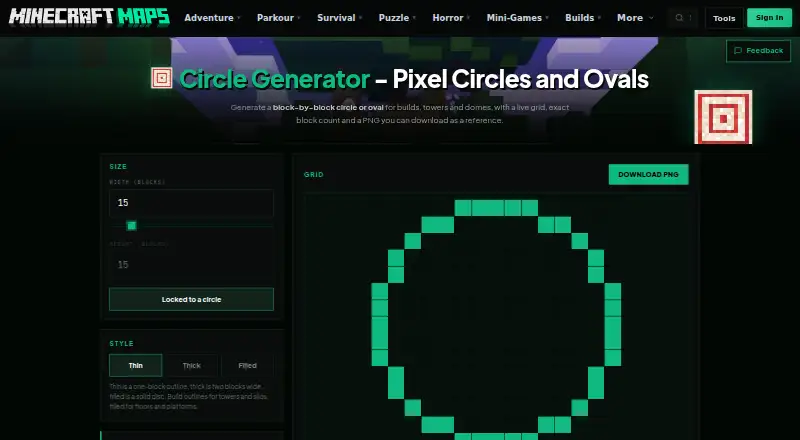 The MinecraftMaps Pixel Circle Generator homepage
