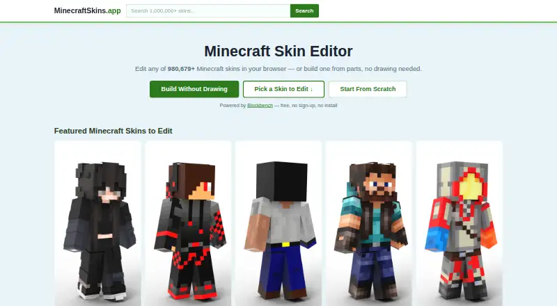 The MinecraftSkins.app homepage