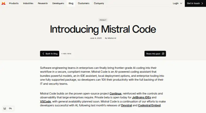 The Mistral Code homepage